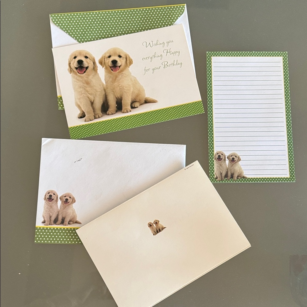 Set Cute Puppy Stationery Set with 2 Happy Birthday Card +Envelope Green Accents